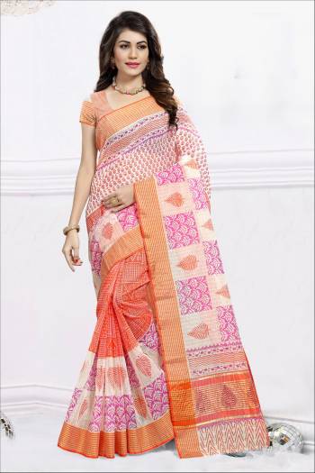 Celebrate This Festive Season Wearing This Pretty Attractive Orange And White Colored Saree Paired With Orange And White Colored Blouse. This Saree And Blouse Are Cotton Fabricated Beautified With Prints All Over. This Saree Is Light Weight And Durable. Buy Now.