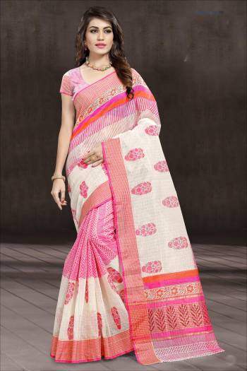 Look Pretty Wearing This Lovely Saree In Pink And White Color Paired With Pink And White Colored Blouse. This Saree And Blouse Are Fabricated On Cotton Beautified With Prints. Its Fabric Ensures Superb Comfort All Day Long. 