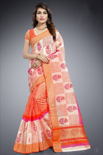 Celebrate This Festive Season Wearing This Pretty Attractive Orange And White Colored Saree Paired With Orange And White Colored Blouse. This Saree And Blouse Are Cotton Fabricated Beautified With Prints All Over. This Saree Is Light Weight And Durable. Buy Now.