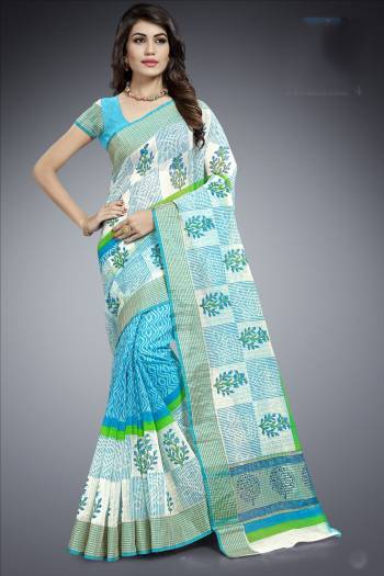 Grab This Beautiful Saree With Soft Color Pallete In Aqua Blue And White Color Paired With Aqua Blue And White Colored Blouse. This Saree And Blouse Are Cotton Based Beautified With Prints All Over It. 