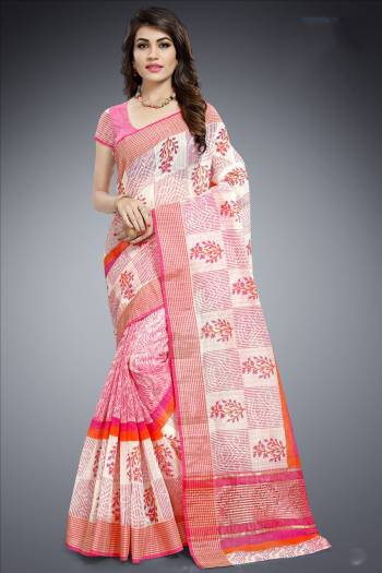 Look Pretty Wearing This Lovely Saree In Pink And White Color Paired With Pink And White Colored Blouse. This Saree And Blouse Are Fabricated On Cotton Beautified With Prints. Its Fabric Ensures Superb Comfort All Day Long. 