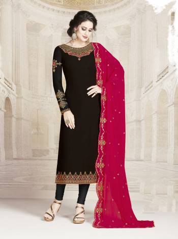 For A Bold And Beautiful Look, Grab This Designer Straight Suit In Black Colored Top and Bottom Paired With Dark Pink Colored Dupatta. It Suit Is Georgette Based Beautified With Attractive Embroidery Work. 