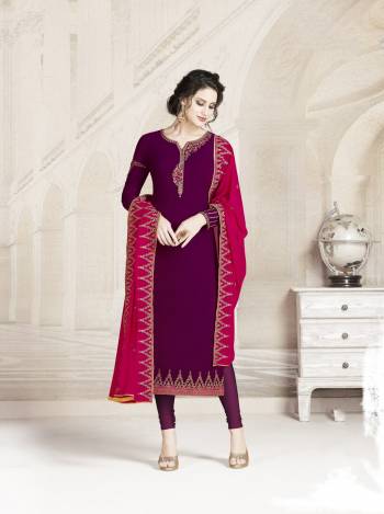 Look Attractive Of All Wearing This Designer Straight Suit In Purple Color Paired With Purple Colored Bottom And Contrasting Pink Colored Dupatta. Its Top And Dupatta Are Georgette Based Paired With Santoon Bottom. Buy Now.