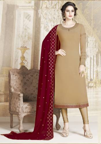 Simple And Elegant Looking Designer Straight Suit Is Here In Beige Color Paired With Contrasting Maroon Colored Dupatta. Its Top Is Fabricated On Georgette Paired With Santoon Bottom And Georgette Dupatta. Buy This Rich And Elegant Looking Suit Now.