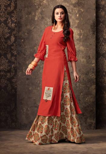 Celebrate This Festive Season Wearing This Attractive Orange Colored Readymade Kurti Paired With Cream And Orange Colored Readymade Skirt. This Skirt And Kurti Is Fabricated On Muslin Beautified With Prints And Resham Work. 