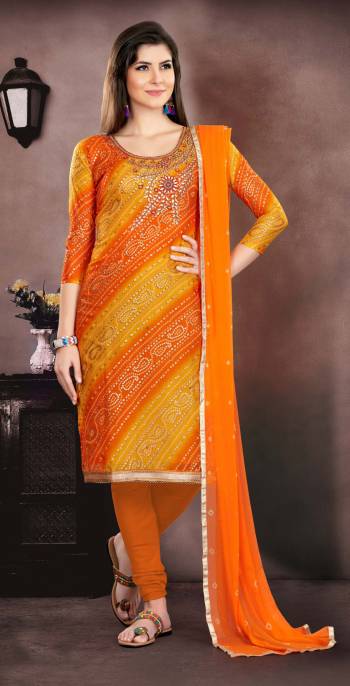 Celebrate This Festive With Beauty And Comfort Wearing This Suit In Orange And Yellow Colored Top Paired With Orange Colored Bottom And Dupatta. This Dress Material Is Fabricated On Chanderi Paired With Santoon Botttom And Chiffon Dupatta. Buy Now.