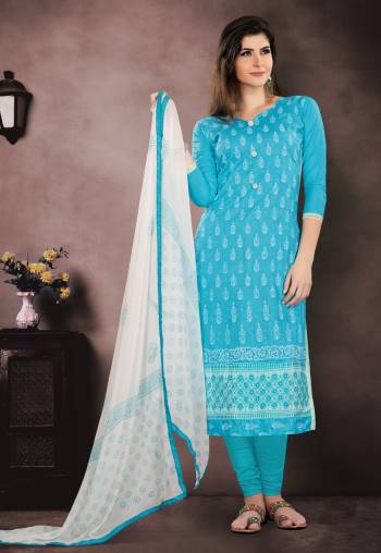 Simple And Elegant Looking Suit Is Here In Sky Blue Color Paired With White Colored Dupatta. Its Top Is Cotton Based Paired With Cotton Bottom And Chiffon Dupatta. Get This Stitched As Per Your Desired Fit And Comfort.