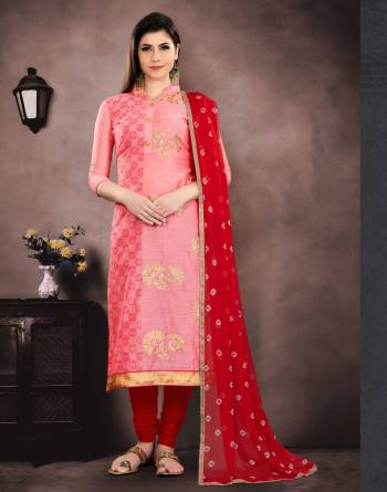 Look Pretty In This Straight Cut Suit In Pink Colored Chanderi Top Paired With Red Colored Bottom And Dupatta. Buy This Dress Material And Get This Stitched As Per Your Desired Fit And Comfort.