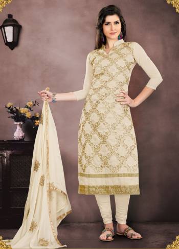 Flaunt Your Rich And Elegant Taste Wearing This Designer Straight Cut Suit In Cream Color Paired With Cream Colored Bottom And Dupatta. Its Top IS Chanderi Based Paired With Santoon Bottom And Chiffon Dupatta. Buy This Dress Material Now.