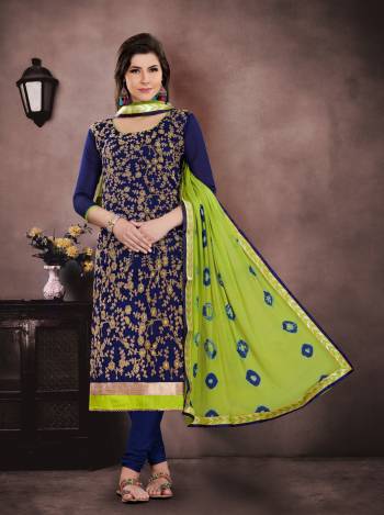 Shine Bright With this Dress Material In Royal Blue Color Paired With Contrasting Green Colored Dupatta. Its Top Is Chanderi Fabricated Paired With Santoon Bottom And Chiffon Dupatta. This Dress Material Ensures Superb Comfort All Day Long.