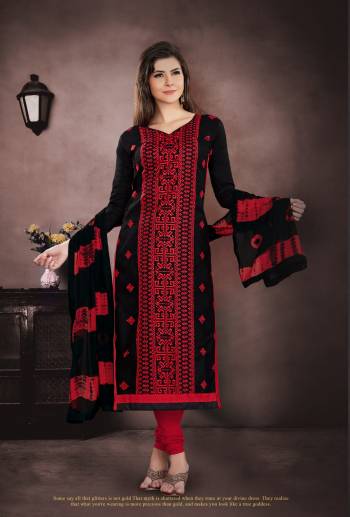 If Those Readymade Suit Does Not Lend You Desired Comfort, Than Grab This Dress Material In Black Colored Top Paired With Red Colored Bottom And Black Dupatta. Its Top And Bottom Are Cotton Based Paired With Chiffon Dupatta, Get This Stitched As Per Your Desired Fit And Comfort.