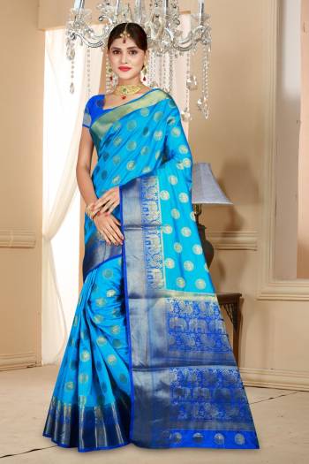 Enhance Your Personality Wearing This Beautiful Silk Based Saree In Blue Color Paired With Blue Colored Blouse. It Is Beautified With Weave All Over.