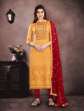 Be It A Small Function Or Festive Wear, Grab This Dress Material And Get This Stitched As Per Your Desired Fit And Comfort. Its Top IS In Musturd Yellow Color Paired With Maroon Colored Bottom And Dupatta. Buy Now.