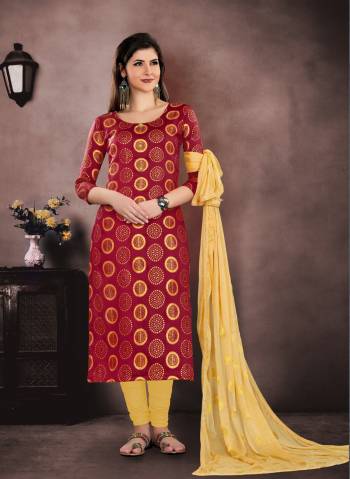 Shine Bright With this Dress Material In Maroon Color Paired With Contrasting Yellow Colored Dupatta. Its Top Is Jacquard Silk Fabricated Paired With Cotton Bottom And Chiffon Dupatta. This Dress Material Ensures Superb Comfort All Day Long.