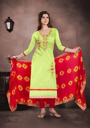 A Proper Traditional Combination Is Here With This Straight Suit In Green Color Paired With Contrasting Red Colored Bottom and Dupatta. Its Top IS Chanderi Based Paired With Santoon Bottom And Chiffon Dupatta. Buy Now.