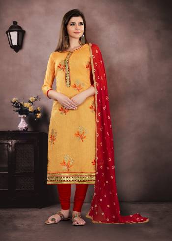 For A Traditional Festive Look, Grab This Pretty Straight Suit In Orange Colored Top Paired With Contrasting Red Colored Bottom And Dupatta. Its Top Is Chanderi Fabricated Paired With Santoon Bottom And Chiffon Dupatta. Buy Now.