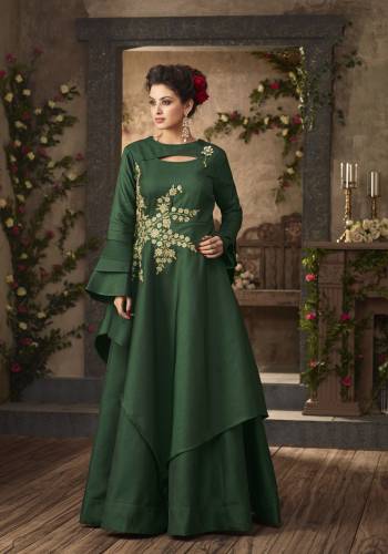 Add This Lovely Designer Floor Length Readymade Gown For You And Your Daughter In Green Color. This Beautiful Color Suits All Age Group, Also It Is Fabricated On Satin Silk Beautified With Embroidered Patch Work.