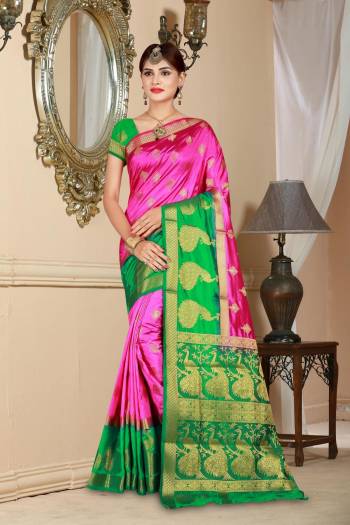 Shine Bright Wearing This Bright Rani Pink Colored Saree Paired With Contrasting Green Colored Blouse. This Saree And Blouse Are Fabricated On Art Silk Beautified With Weave All Over. It Is Light Weight And Easy To Carry All Day Long.