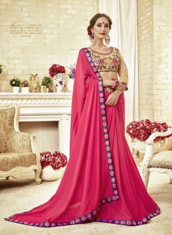 Shine Bright Wearing This Designer Saree In Dark Pink Color Paired With Contrasting Beige Colored Blouse. This Saree Is Fabricated On Silk Georgette Paired With Art Silk Fabricated Blouse. It Is Beautified with  Contrasting Thread Work Over The Blouse. 