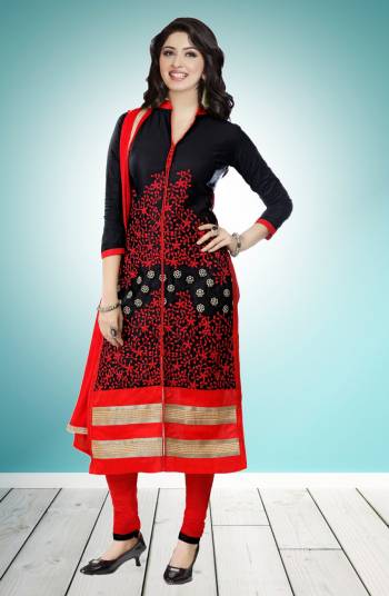 Embroidered Dress Material Is Here With this Straight Suit In Black Colored Top Paired With Red Colored Bottom And Dupatta. Its Top And Bottom Are Cotton Based paired With Chiffon Dupatta. Buy Now.