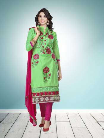 Here Is An Attractive Looking Designer Straight Suit Is Here In Green Colored Top Paired With Contrasting Dark Pink Colored Bottom and Dupatta. Its Top And Bottom Are Cotton Based Paired With Chiffon Dupatta. 