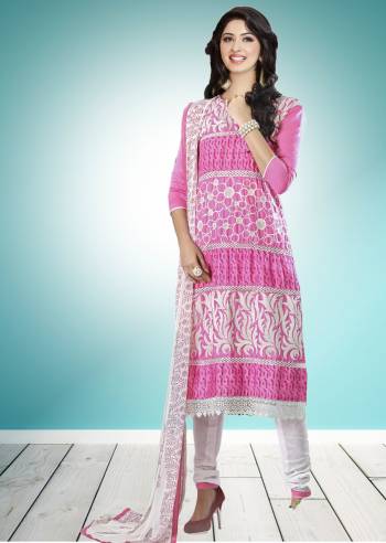 Look Pretty Wearing This Straight Suit In Pink Colored Top Paired With White Colored Bottom And Dupatta, Its top And Bottom Are Cotton Based Paired With Chiffon Dupatta. Buy Now.