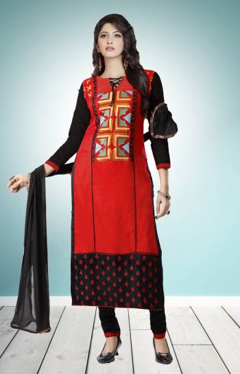 Embroidered Dress Material Is Here With this Straight Suit In Red Colored Top Paired With Black Colored Bottom And Dupatta. Its Top And Bottom Are Cotton Based paired With Chiffon Dupatta. Buy Now.