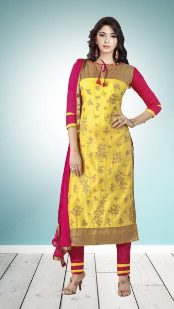 Celebrate This Festive Season wEaring This Straight Suit In Yellow Colored Top Paired With Contrasting Dark Pink Colored Bottom And Dupatta. Its Top And Bottom Are Cotton Based Paired With Chiffon Dupatta. Buy This Now.