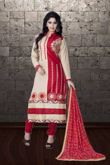 Add This Pretty Straight Suit For Semi-Casual Wear To Your Wardrobe In Beige And And Red Color Paired With Red Colored Bottom And Dupatta. Its Top And Bottom Are Cotton Based Paired With Chiffon Dupatta. Buy Now.