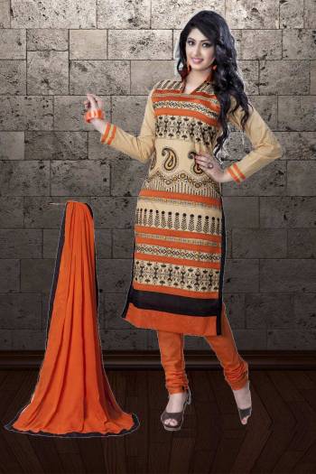 For Your Semi-Casual Wear, Grab This Pretty Straight Suit In Beige And Orange Color Paired With Orange Colored Bottom And Dupatta. Its Top And Bottom Are Cotton Based Paired With Chiffon Dupatta. Buy Now.