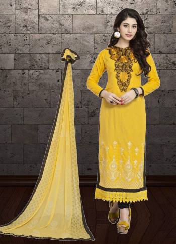 Add This Pretty Straight Suit For Semi-Casual Wear To Your Wardrobe In Beige Yellow Color Paired With Black Colored Bottom Its Top And Bottom Are Cotton Based Paired With Chiffon Dupatta. Buy Now.