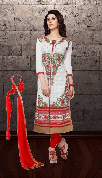 Simple Straight Suit For Your Semi-Casual Wear Is Here With This White Colored SuitPaired With Red Colored Bottom And Dupatta. Its Top And Bottom Are Cotton Based Paired With Chiffon Dupatta. Buy Now.