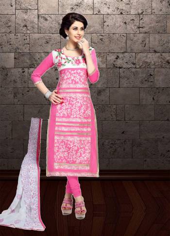 Look Pretty Wearing This Straight Cut Suit In Pink Colored Top And Bottom Paired With White Colored  Dupatta. Its Top And Bottom Are Cotton Based Paired With Chiffon Dupatta. Buy Now.