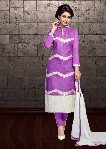 Look Pretty Wearing This Straight Cut Suit In Purple Colored Top And Bottom Paired With White Colored  Dupatta. Its Top And Bottom Are Cotton Based Paired With Chiffon Dupatta. Buy Now.