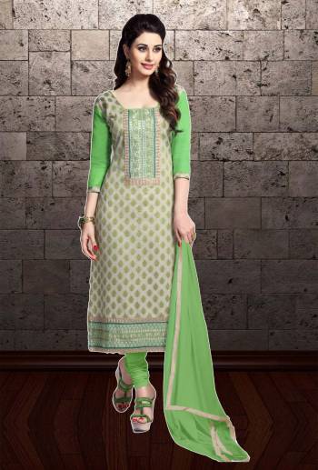 For Your Semi-Casual Wear, Grab This Pretty Straight Suit In Green Color Paired With Green Colored Bottom And Dupatta. Its Top And Bottom Are Cotton Based Paired With Chiffon Dupatta. Buy Now.