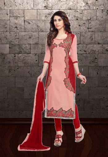 Look Pretty Wearing This Straight Cut Suit In Pink Colored Top Paired With Red Colored Bottom And Dupatta. Its Top And Bottom Are Cotton Based Paired With Chiffon Dupatta. Buy Now.