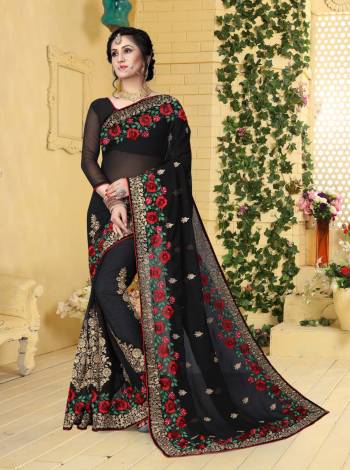 For A Traditional Bold And Beautiful Look, Grab This Designer Saree In Black Color Paired With Black Colored Blouse. This Saree And Blouse Are Fabricated On Georgette Beautified With Multi Colored Resham And Jari Embroidery. 