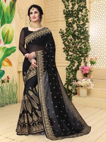 For A Traditional Bold And Beautiful Look, Grab This Designer Saree In Black Color Paired With Black Colored Blouse. This Saree And Blouse Are Fabricated On Georgette Beautified With Jari Embroidery Embroidery. 