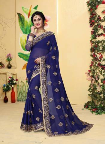 Bright And Visually Apppealing Color Is Here With This Royal Blue Colored Saree Paired With Royal Blue Colored Blouse. This Saree And Blouse are Fabricated On Georgette Beautified With Jari Work. 