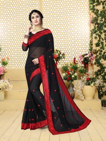 For A Traditional Bold And Beautiful Look, Grab This Designer Saree In Black Color Paired With Black Colored Blouse. This Saree And Blouse Are Fabricated On Georgette Beautified With Multi Colored Resham Embroidery. 