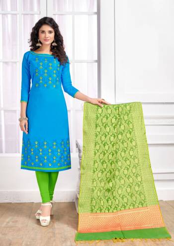 Celebrate This Festive With Ease And Comfort Wearing This Suit In Turquoise Blue Colored Top Paired With Contrasting Green Colored Bottom and Dupatta. Its Top And Bottom Are Banarasi Art Silk Dupatta. It Is Beautified With Thread Work. Buy Now.