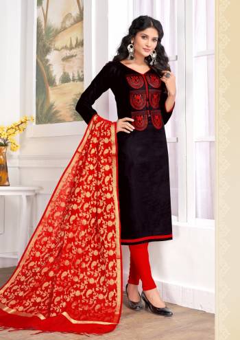 For A Bold And Beautiful Look, Grab this Straight Dress Material In Black Colored Top Paired With Red Colored Bottom And Dupatta. Its Top and Bottom Are Cotton Based Paired With Banarasi Art Silk Dupatta. 