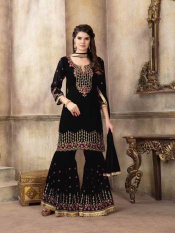 For A Bold And Beautiful Look, Grab This Designer Semi-Stitched Sharara Suit In Black Color. Its Is all Over Black In Georgette Based Top And Sharara Paired With Chiffon Dupatta. Its Top And Bottom Are Beautified With Attractive Embroidery. Buy Now.