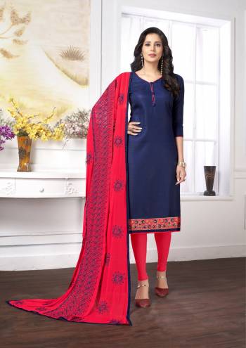 Enhance Your Personality Wearing This Designer Dress Material In Navy Blue Colored Top Paired With Contrasting Dark Pink Colored Bottom And Dupatta. Its Top And Bottom Are Cotton Based Paired With Chiffon Dupatta Beautified With Resham Work. 