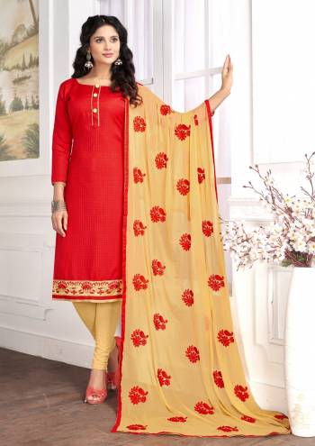 Prettty Simple And Elegant Looking Straight Suit Is Here In Red Colored Top Paired With Beige Colored Bottom And Dupatta. Its Top And Bottom Are Cotton Based Paired With Chiffon Dupatta. Buy Now.