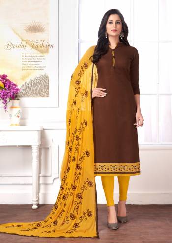 Rich And Subtle Combination Is Here With This Dress Material In Brown Colored Top Paired With Contrasting Yellow Colored Bottom And Dupatta. Its Top And Bottom Are Cotton Based Paired With Chiffon Dupatta. Buy This Now.