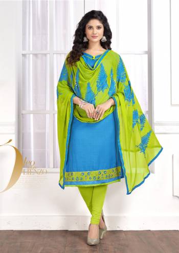 Regular And Pretty Combination Is Here With This Dress Material In Turquoise Blue Colored Top Paired With Contrasting Light Green Colored Bottom And Dupatta. Its Top And Bottom Are Cotton Based Paired With Chiffon Dupatta. Buy Now.