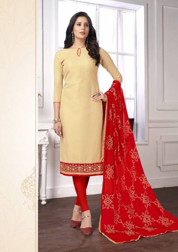 Simple and Elegant Looking Dress Material Is Here In Cream Colored Top Paired With Red Colored Bottom And Dupatta. Its Top And Bottom Are Cotton Based Paired With Chiffon Dupatta. It Is Beautified With Resham Work.