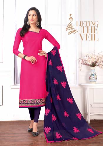 Beautiful and Attractive Combination Is Here With This Dress Material In Dark Pink Colored Top Paired With Contrasting Violet Colored Bottom And Dupatta, Its Top And Bottom Are Cotton Based Paired With Chiffon Dupatta. Grab It Now.