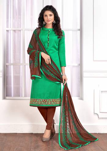 Celebrate This Festive Season With Ease And Comfort Wearing This Straight Suit In Green Colored Top Paired With Contrasting Brown Colored Bottom And Dupatta. Its Top And Bottom Are Cotton Based Paired With Chiffon Dupatta. Its Fabric Ensures Supreb Comfort All Day Long.